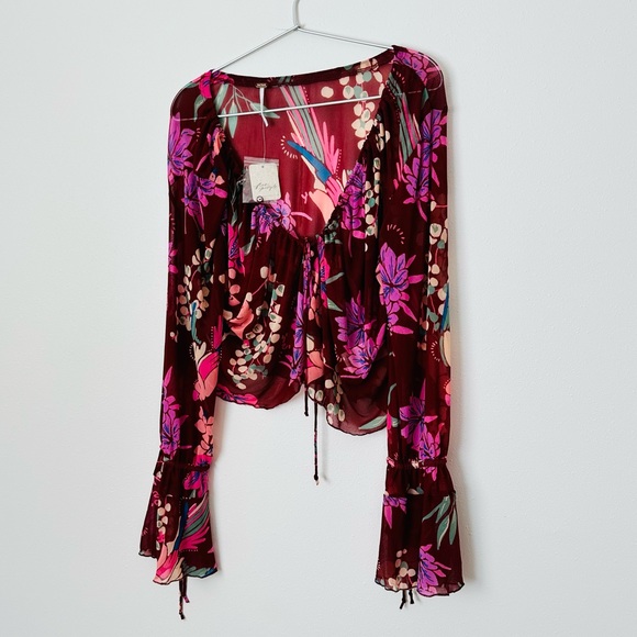 Free People Top Floral Print Of Paradise Tie Front Crop Boho Blouse Burgundy - Picture 8 of 12